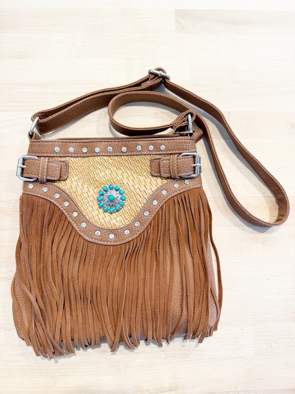 Western Fringe Boho Crossbody Purse turquoise accents Festival